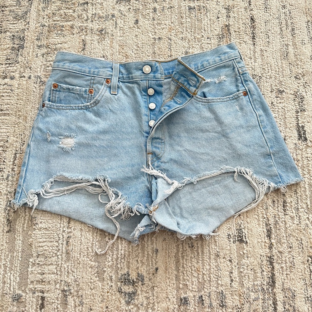 Levi's Blue High Waist Distressed Denim Shorts
